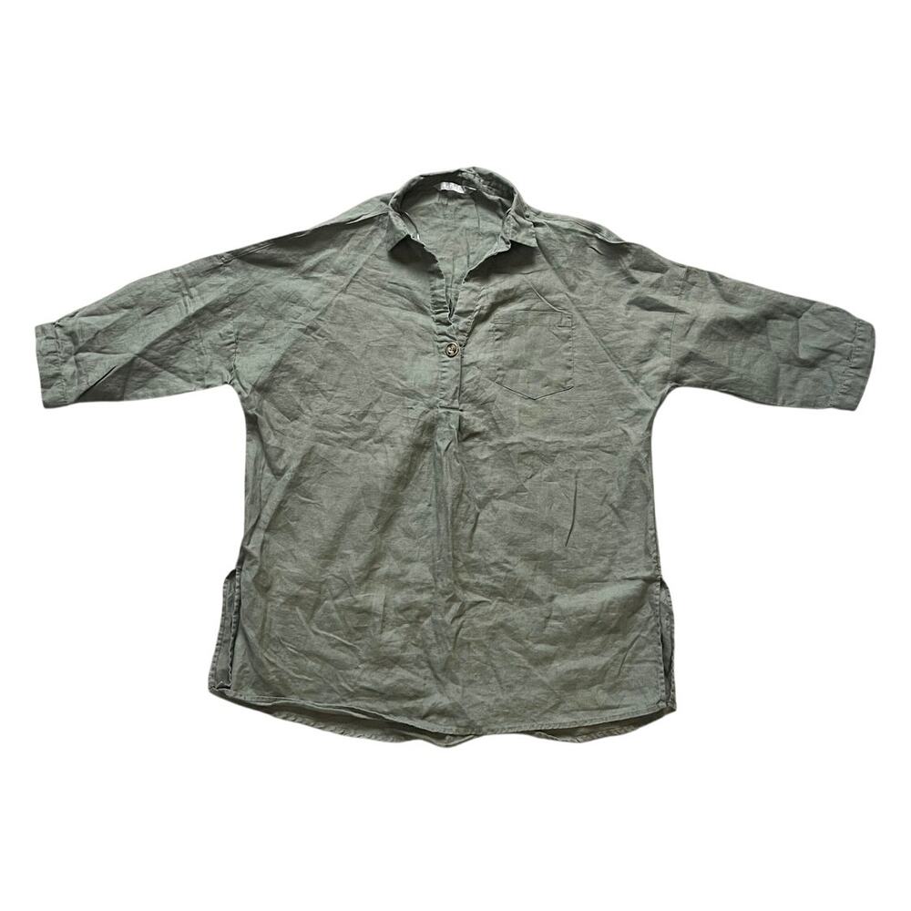 Katies 100% Linen Olive Green Tunic Top Size 14 Lagenlook Coastal Beach Minimal